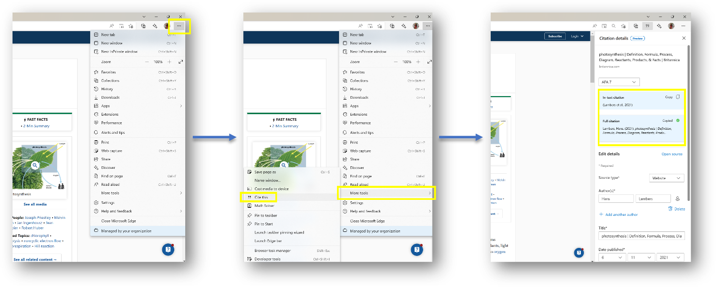 A user flow of how to cite an article or website in Microsoft Edge by opening the 3-dot menu, selecting More tools, and selecting Cite this.