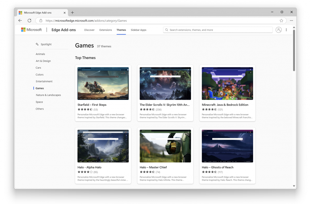 The Themes tab of the Edge Add-ons website, showing a list of pre-defined styles, the Games style is selected, and a list of game-inspired themes is displayed.