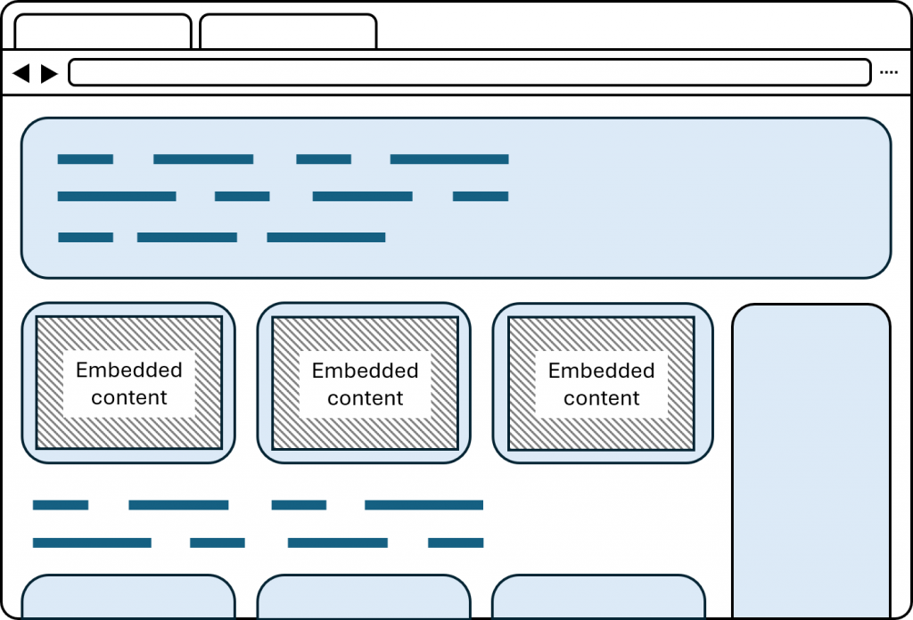 Illustration of a browser window, showiung a webpage which includes multiple widgets, three of which appear to be external content that's embedded into the page.