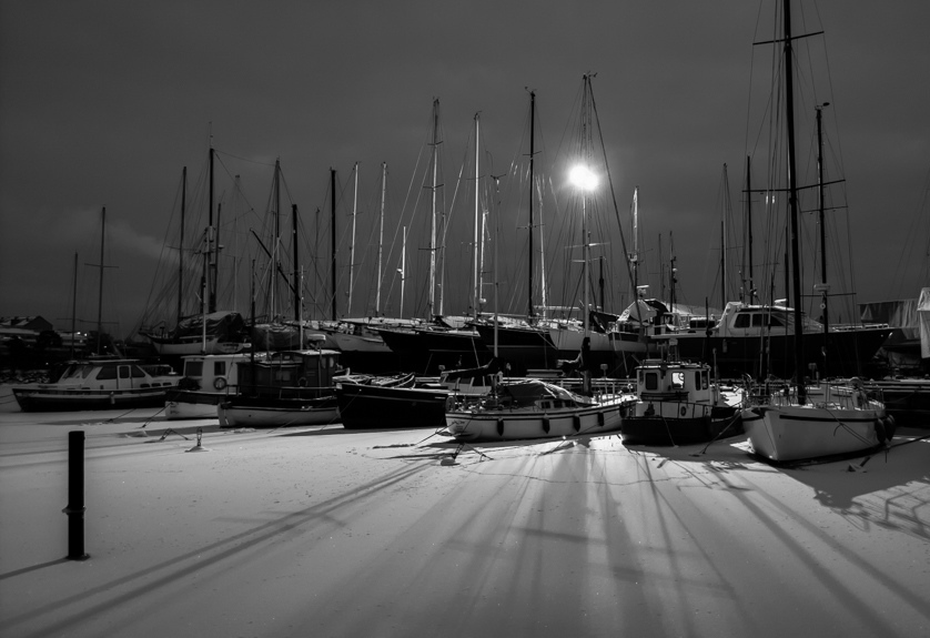 Wintry marina at night