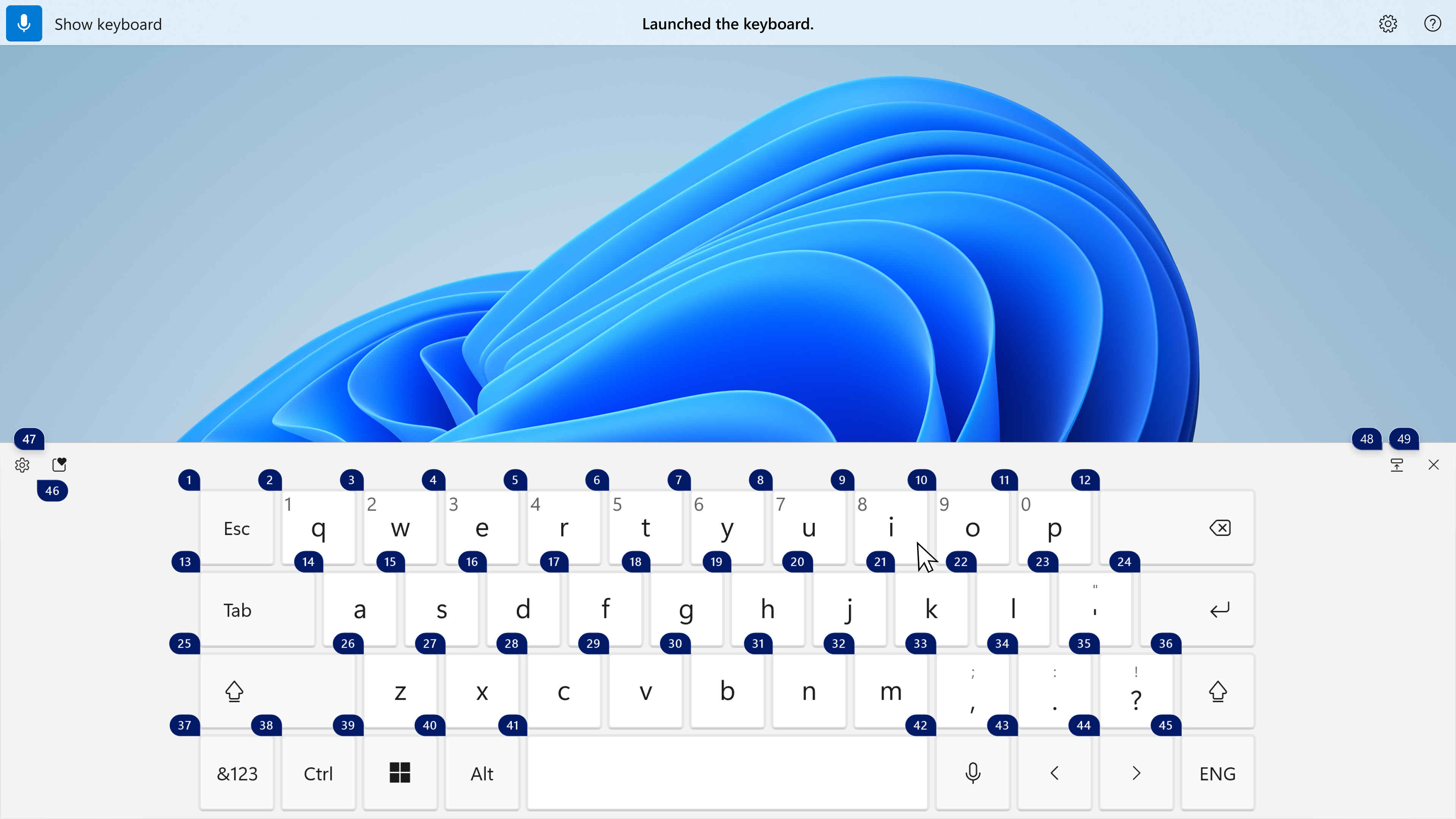 Numbered tear drops appearing over all keys of touch keyboard.