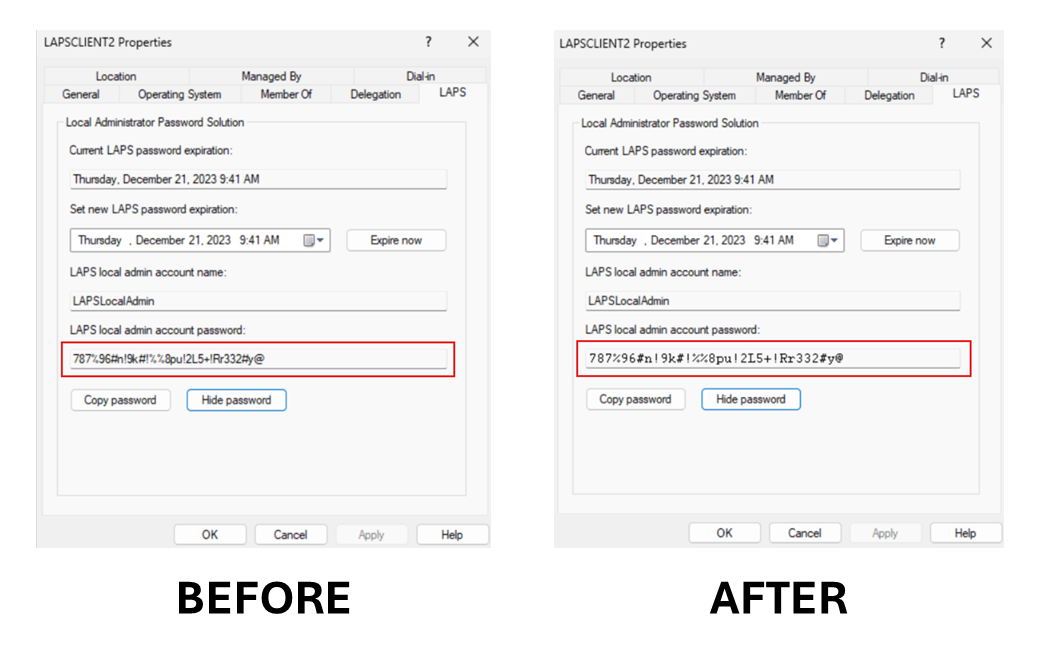 Windows LAPS displaying a password using the old and new fonts.