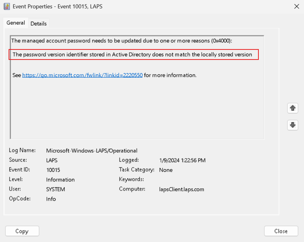 Windows LAPS event log message when OS rollback is detected.