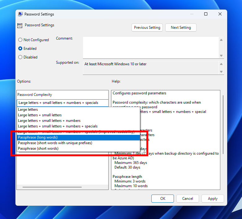 Windows LAPS passphrase settings.