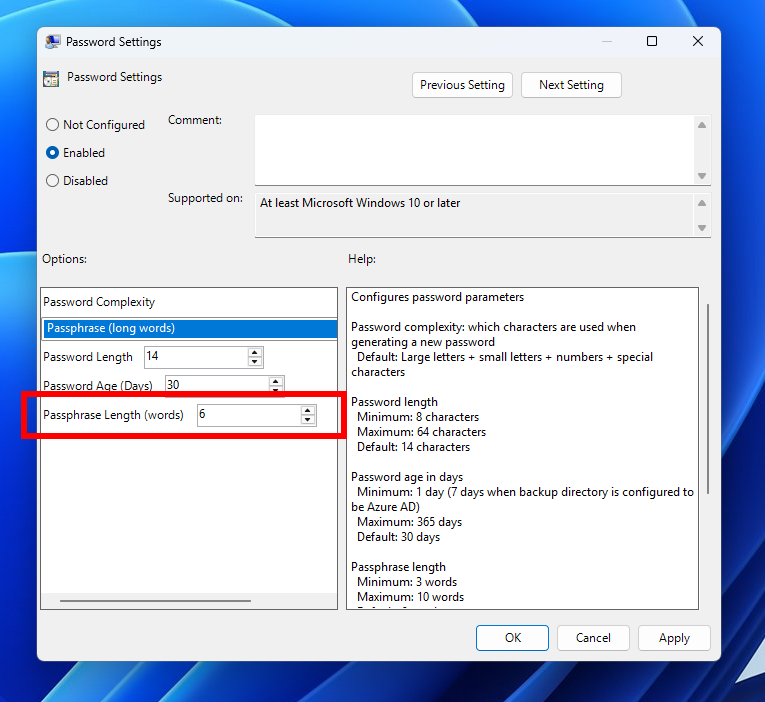 Windows LAPS passphrase length setting.