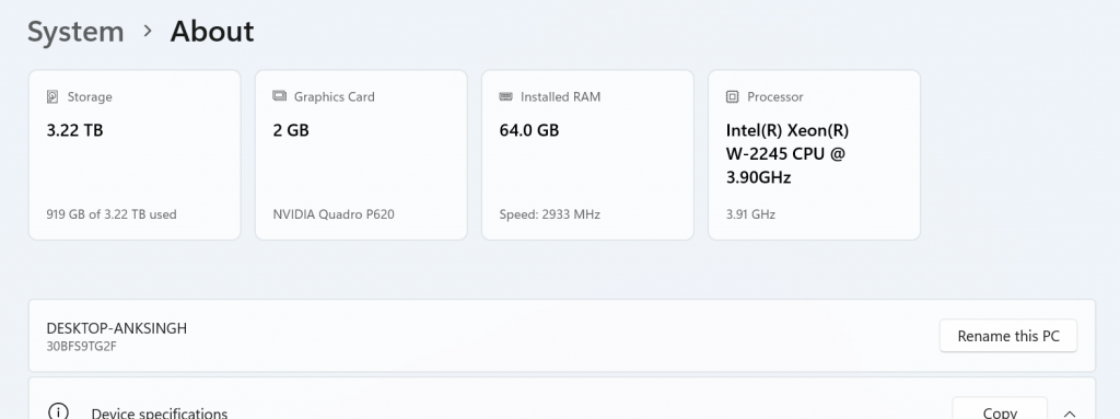 New top cards at the top of the About settings page displaying your PC’s processor, RAM, storage, and GPU specifications.