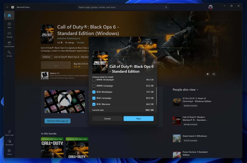 Example of game components that can be individually installed in the Microsoft Store for some games.