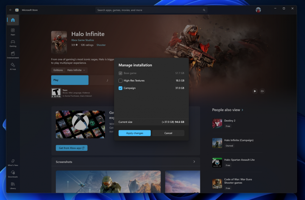 New Manage button on some game product pages showing components.