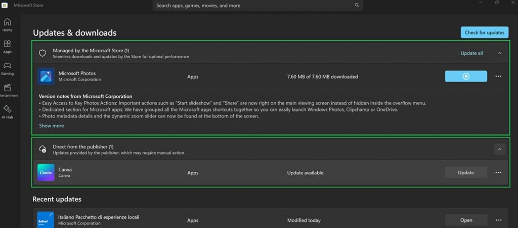 New sections to display updates for Microsoft-managed apps in the Store highlighted in green boxes.